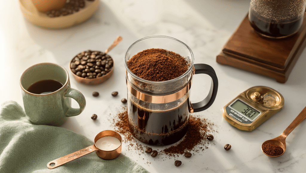 How to Make the Perfect French Press Coffee (Without the Pretentious Nonsense) Cinematic overhead view of a glass French press with coarse coffee grounds on a white marble countertop, alongside a copper measuring spoon and digital scale, a steaming ceramic mug, and a burr grinder, with warm morning sunlight casting soft shadows, creating a cozy coffee preparation scene.