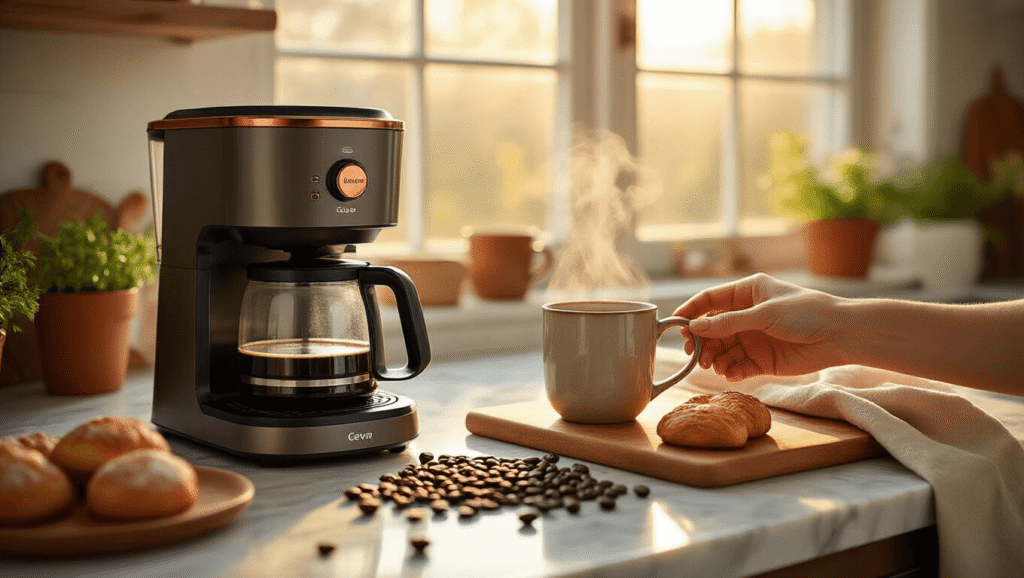 Why Your Perfect Coffee Morning Starts with the Right 4-Cup Coffee Maker A cozy kitchen scene with a sleek 4-cup coffee maker on a marble countertop, warm sunlight flooding in, steam rising from a ceramic mug, coffee beans scattered around, artisan pastries on a wooden cutting board, a hand reaching for the cup, and fresh herbs in terracotta pots.