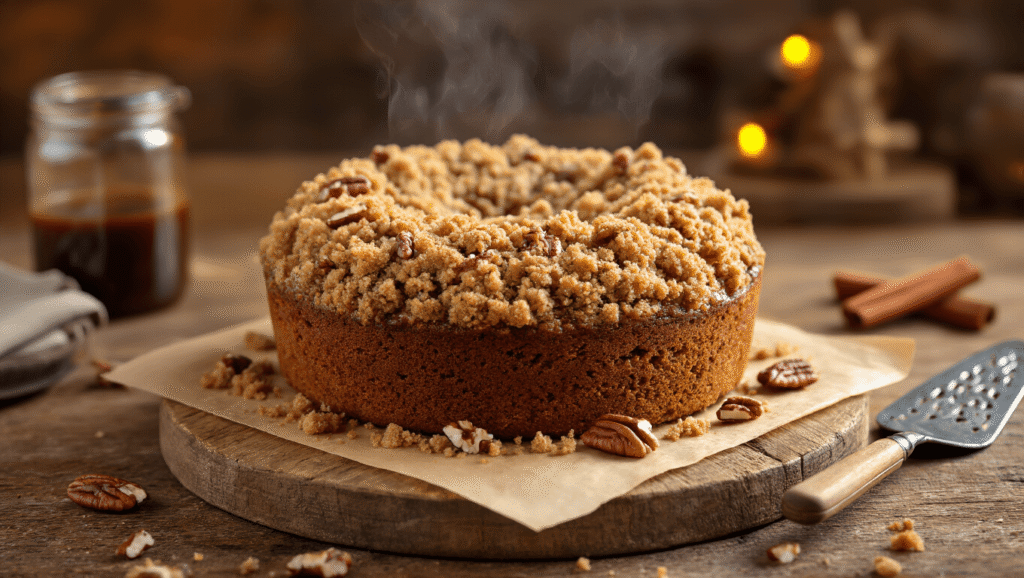 Gingerbread Coffee Cake Recipe: Moist, Spiced, and Ridiculously Easy Cinematic close-up of freshly baked gingerbread coffee cake with golden-brown crumb topping and steam rising, surrounded by scattered chopped pecans, with a vintage cake server and soft-focus molasses jar and cinnamon sticks in the background, creating a cozy autumn atmosphere on a wooden cutting board.