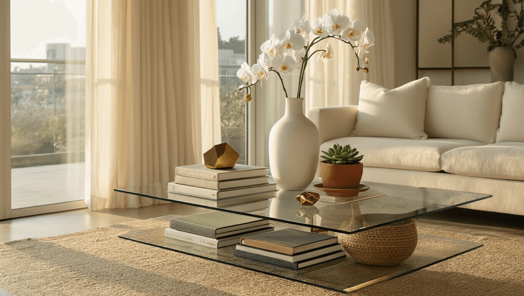 Styling Your Glass Coffee Table: A Complete Decorating Guide Elegant glass coffee table styled with leather-bound books, a white ceramic vase with orchids, and brass accents, illuminated by soft golden hour light, showcasing rich textures and a warm neutral palette.