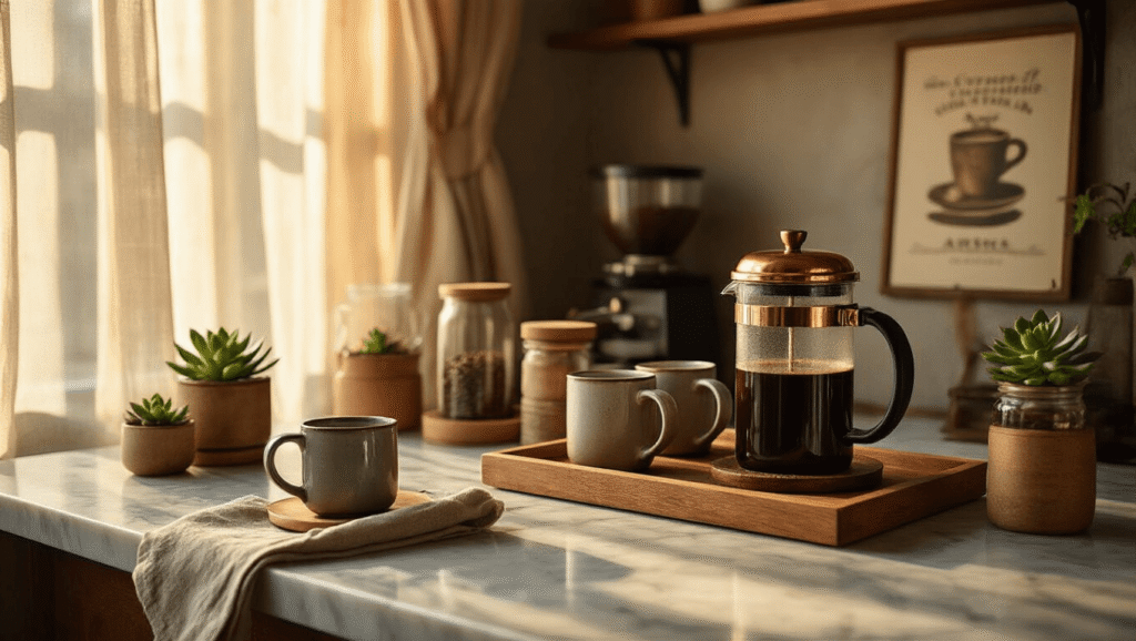 How I Built My Dream Coffee Bar at Home (And Why You Should Too) Cinematic coffee bar setup with a copper French press, artisan ceramic mugs, and a hand-operated burr grinder on a marble countertop, bathed in golden hour light, featuring a rustic wooden tray, glass containers of fresh roasted beans, a small succulent, and a vintage coffee art print, creating a cozy atmosphere.