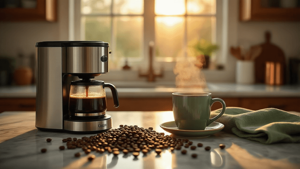 Grind and Brew Coffee Makers Transformed My Mornings (And They'll Transform Yours Too) A stainless steel grind and brew coffee maker on a marble countertop, surrounded by whole coffee beans, with steam rising from a ceramic mug of coffee; warm golden hour light illuminates the scene, highlighting copper and sage green kitchen accessories and creating a cozy morning ambiance.