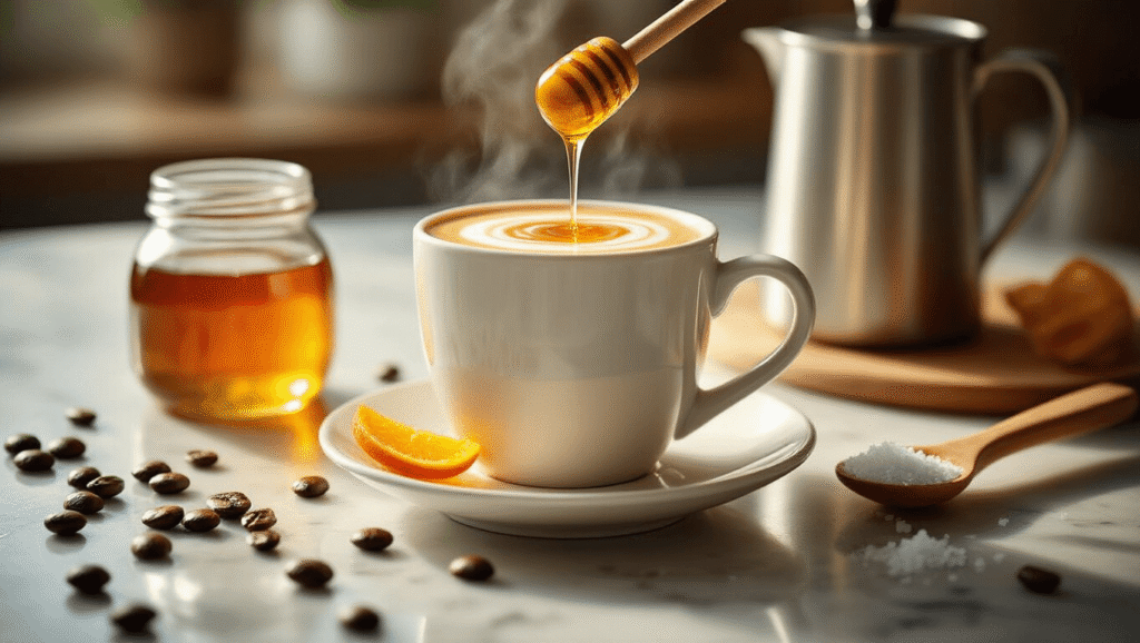 Honey Espresso with Milk: The Creamy Morning Pick-Me-Up You Can Make in 7 Minutes Cinematic close-up of honey espresso with milk in a white mug, golden honey drizzling from a wooden dipper, rich espresso swirling with frothy milk, warm sunlight illuminating a marble countertop, scattered coffee beans, a jar of honey, milk frother, orange peel garnish, and cozy kitchen ambiance.