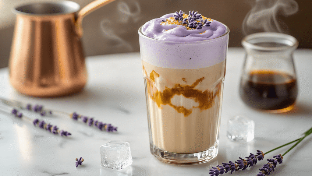 Iced Lavender Latte: The Floral Coffee Drink That Actually Tastes Good Cinematic overhead view of a tall iced lavender latte with golden espresso layers and pale purple milk foam, garnished with a fresh lavender sprig, ice cubes, and a copper saucepan in the background, set against a white marble surface with scattered lavender buds in soft natural lighting.