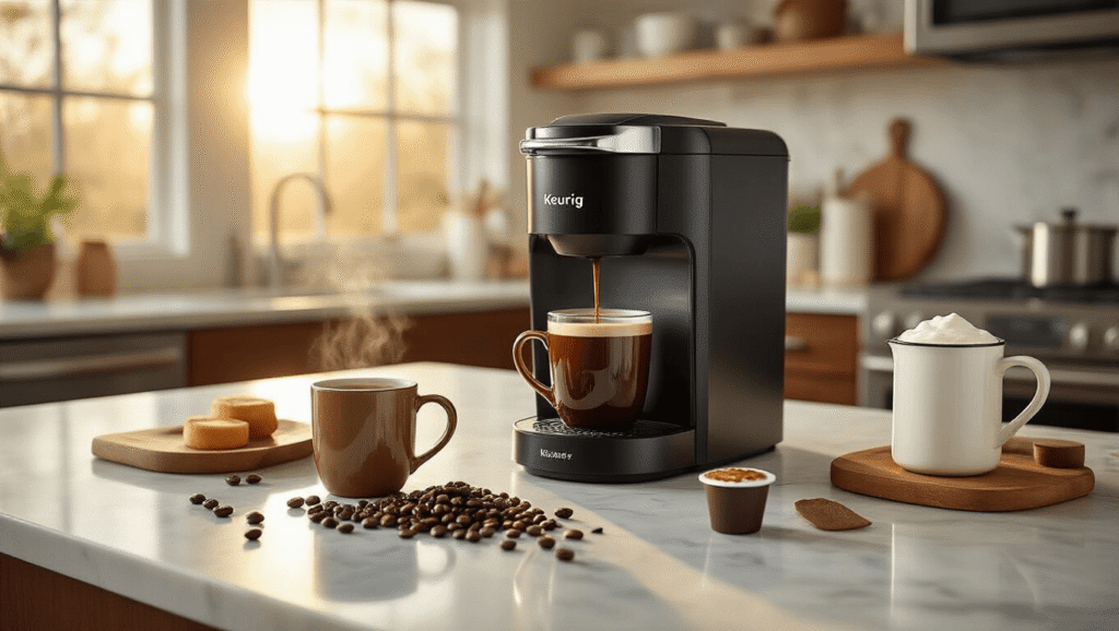 The Honest Truth About Keurig Coffee Makers: Which One Actually Deserves Your Counter Space? Cinematic overhead shot of a modern kitchen showcasing a Keurig K-Supreme Plus coffee maker on a white marble countertop, with morning light, steam from dark roast coffee, scattered coffee beans, arranged K-Cup pods, a milk frother, and warm wood accents.