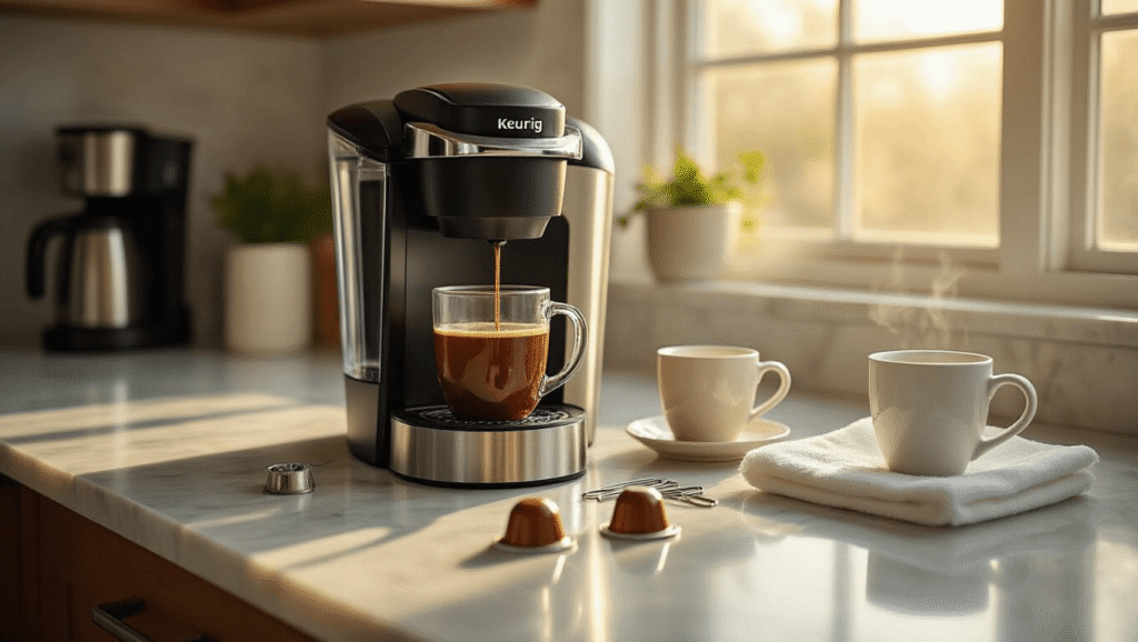 The Real Talk About Keurig Coffee Maker Problems (And How I Finally Fixed Mine) Cinematic close-up of a stainless steel Keurig coffee maker on a white marble countertop, featuring precision cleaning tools including a descaling solution, cleaning needle, microfiber cloths, and a water filter, with warm morning light highlighting the scene and a steaming cup of coffee in the soft focus background.