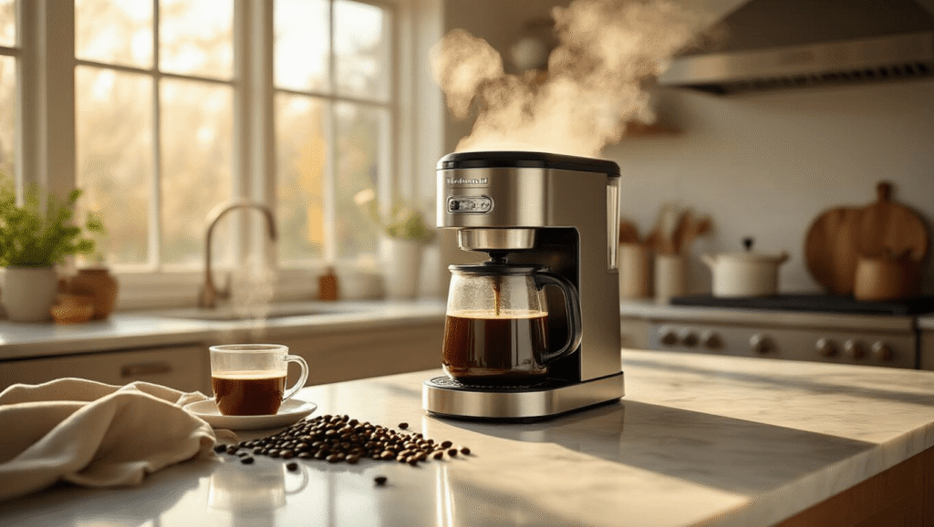 I Finally Found a Coffee Maker That Doesn't Make Me Want to Scream at 6 AM Cinematic kitchen scene showcasing a sleek KitchenAid coffee maker with steam rising, surrounded by dark coffee beans on marble countertops, illuminated by warm morning sunlight, creating an inviting ambiance.