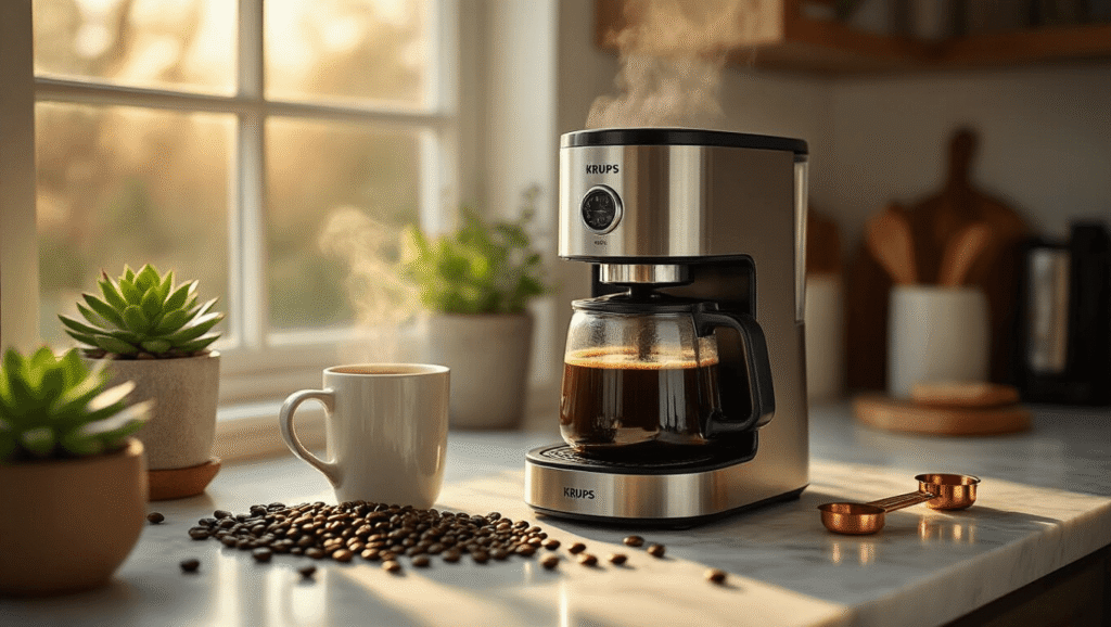 KRUPS Coffee Makers: Everything You Need to Know Before You Buy Cinematic close-up of a KRUPS stainless steel coffee maker with steam rising from a thermal carafe, surrounded by rich coffee beans on a white marble countertop, warm lighting, and a cozy minimalist kitchen aesthetic.