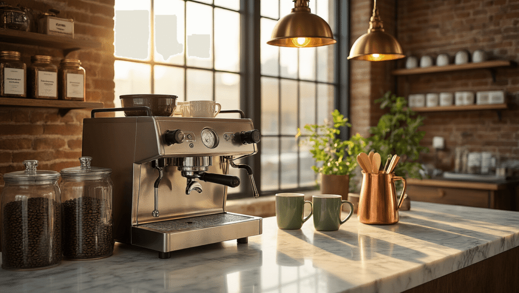 Your Office Needs a Coffee Station—Here's Everything You Need to Know A luxurious office coffee station featuring a marble countertop with a bean-to-cup espresso machine, glass canisters of coffee beans, a copper milk frother, artisan mugs, and brass syrup pumps, all bathed in warm golden hour light with industrial pendant lights overhead and rich textures of brick and wood.