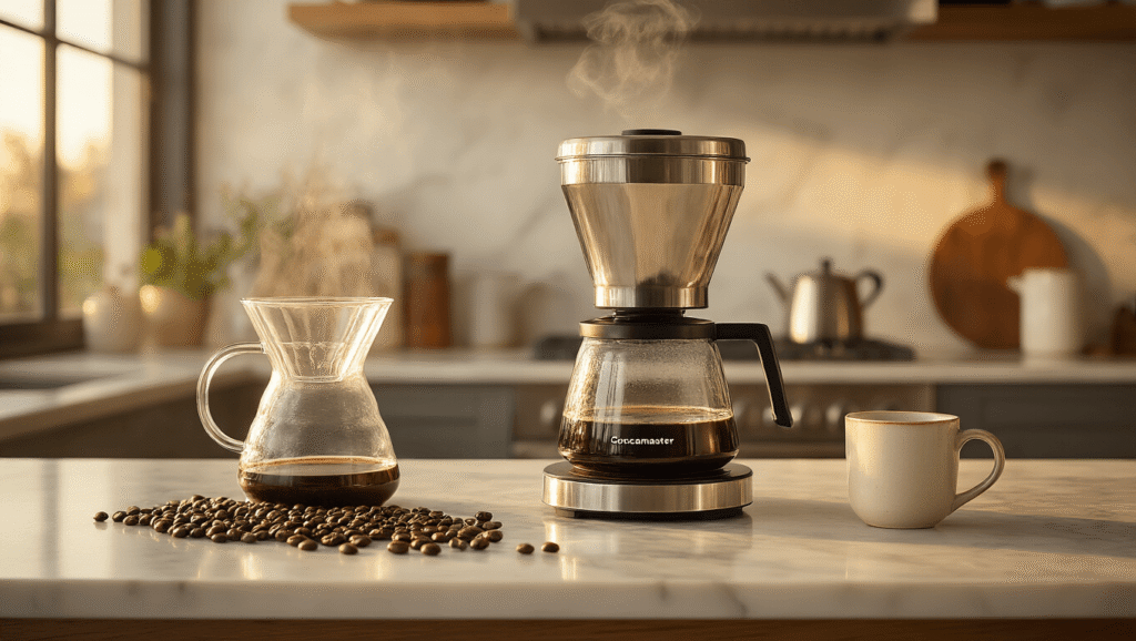 The Only Non-Toxic Coffee Makers Worth Your Money (I've Tested Dozens) Luxurious kitchen countertop at golden hour featuring a stainless steel Technivorm Moccamaster coffee maker, scattered coffee beans, a borosilicate glass carafe, ceramic pour-over dripper, and French press, with steam rising from a ceramic mug, warm wooden elements, and marble backsplash in a professional food photography style.