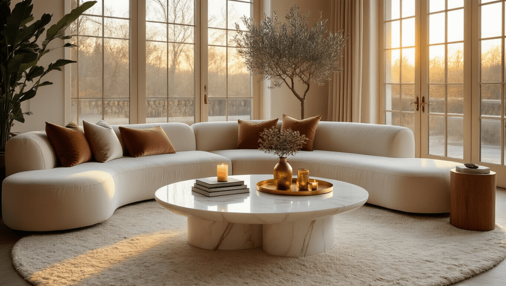 The Coffee Table That'll Make Your Living Room Actually Look Like Those Instagram Photos Cinematic wide shot of an elegant living room at golden hour, showcasing a round white marble coffee table on a cream rug, surrounded by a blush velvet sectional sofa, brass decor, and warm earthy tones.