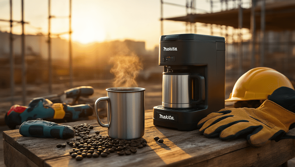The Makita Coffee Maker: Your Worksite Brew Just Got Serious Makita DCM501Z battery-powered coffee maker on a weathered toolbox at a rugged worksite, surrounded by power tools, hard hats, and work gloves, with a steaming travel mug of coffee in the foreground and golden hour light filtering through scaffolding.