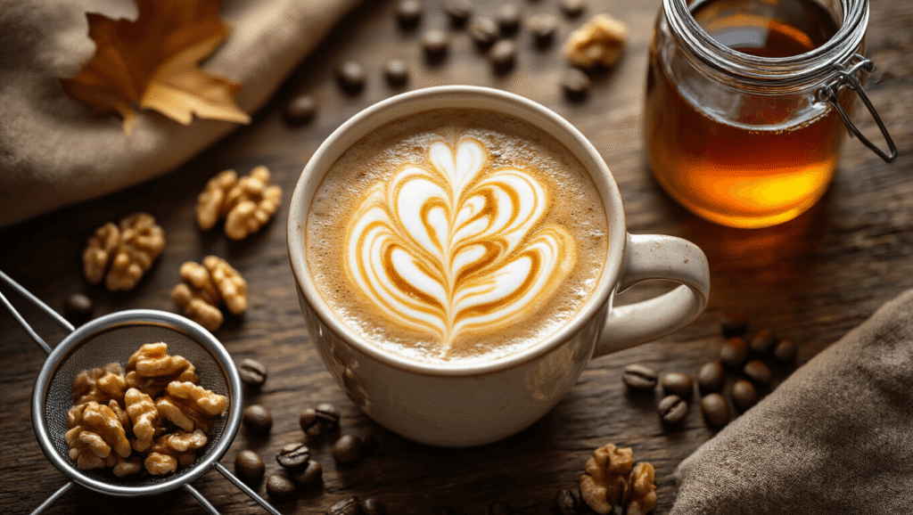 Maple Walnut Latte Recipe: Rich, Nutty, and Perfectly Sweetened Cinematic overhead shot of a creamy maple walnut latte in a ceramic mug, surrounded by toasted walnut halves, a jar of maple syrup, and scattered coffee beans on a rustic wooden surface, with warm lighting and rising steam.