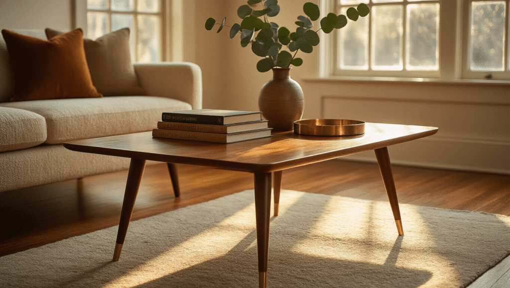 Vintage Coffee Tables: Your Complete Guide to Finding and Styling Timeless Pieces Elegant mid-century modern teak coffee table with brass accents, styled with vintage books and a vase, bathed in warm golden hour sunlight on hardwood floors.