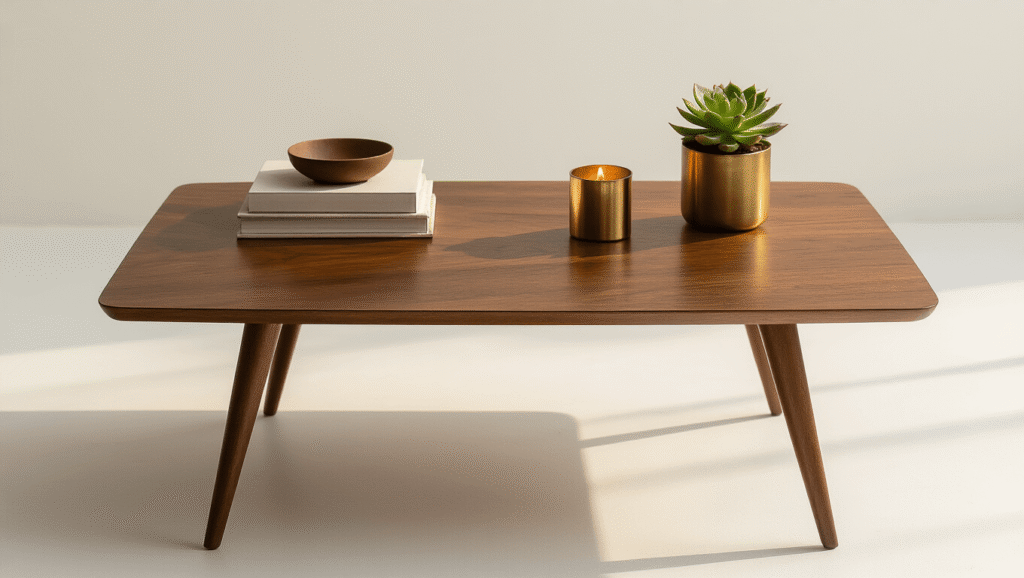Why Your Living Room Needs a Mid-Century Modern Coffee Table (And How to Choose One That Actually Works) Cinematic overhead shot of a sleek walnut mid-century modern coffee table with tapered legs on a clean white background, styled with minimalist elements including design books, a ceramic bowl, a brass candle holder, and a succulent plant, all illuminated by warm golden hour lighting that enhances the rich wood grain and creates a sophisticated mood.
