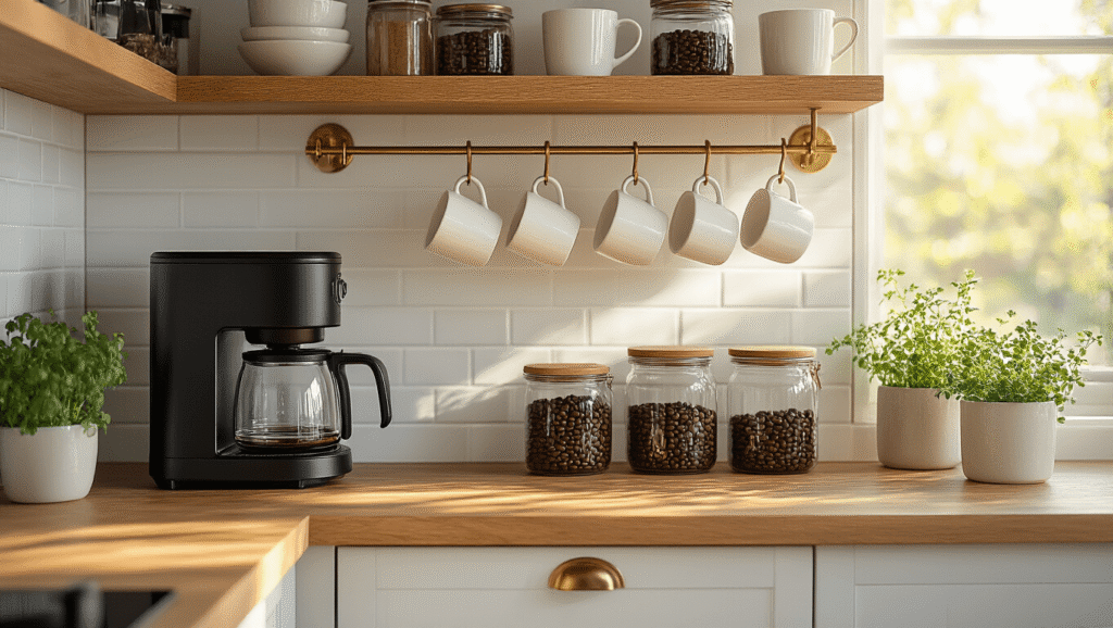 Mini Coffee Bars for Small Spaces: Smart Design Ideas That Actually Work Warm kitchen corner featuring a sleek black coffee maker on a narrow counter, surrounded by floating wooden shelves, white ceramic mugs hanging from brass hooks, glass canisters of coffee beans, and a green herb plant, all illuminated by golden morning sunlight, creating a cozy and minimalist coffee station atmosphere.