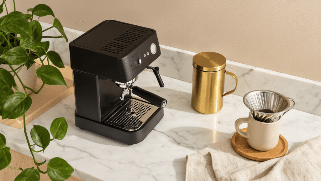 The Coffee Corner Aesthetic: Creating Your Perfect Daily Ritual Space Cinematic overhead view of a minimalist coffee corner with a white marble countertop, matte black espresso machine, brass coffee canister, trailing pothos plant, and brewing tools, all bathed in warm morning light, creating a luxurious and inviting atmosphere.