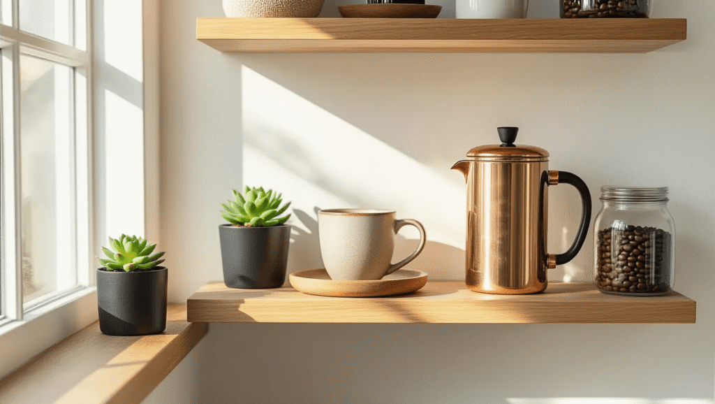 Coffee Nook Ideas for Small Spaces That Actually Work A minimalist coffee nook in a sunlit corner featuring a copper French press, a matte ceramic mug, a glass jar of coffee beans, and a small succulent, all arranged on wood floating shelves against a white wall.