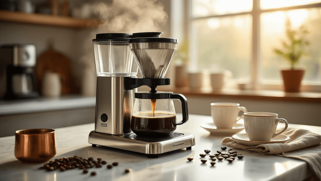 Moccamaster Coffee Maker: The Ultimate Guide for Coffee Lovers Cinematic close-up of a polished silver Moccamaster coffee maker brewing on a white marble countertop, with steam rising from a glass carafe, dark coffee flowing through the spray head, nearby coffee beans and ceramic cups, illuminated by warm morning light, in a cozy coffee shop setting.