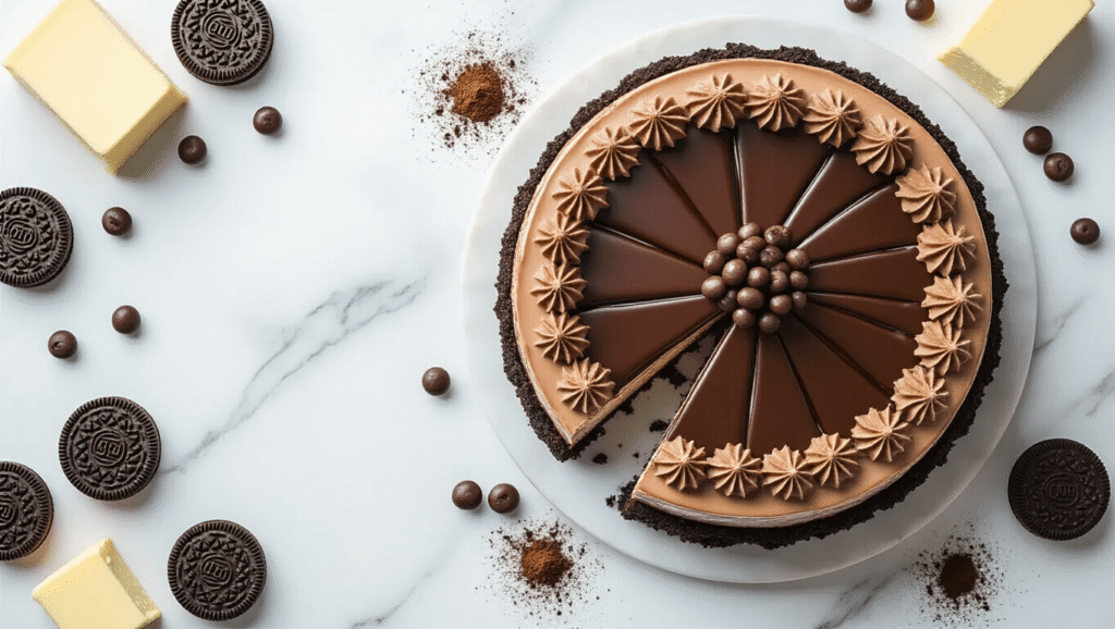 No-Bake Mocha Cheesecake Recipe Overhead shot of a no-bake mocha cheesecake with chocolate ganache on an Oreo crust, garnished with espresso beans, on a marble background.