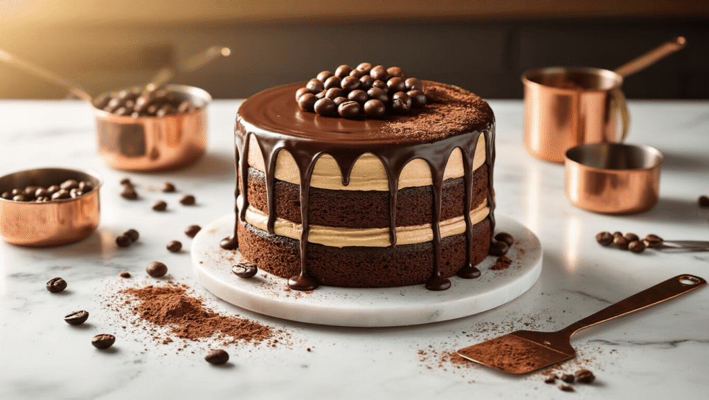 Mocha Layer Cake: The Ultimate Coffee-Chocolate Showstopper Cinematic overhead view of a three-layer mocha cake with chocolate ganache, garnished with chocolate-covered espresso beans, on a white marble countertop surrounded by cocoa powder and baking tools, illuminated by warm golden hour light.