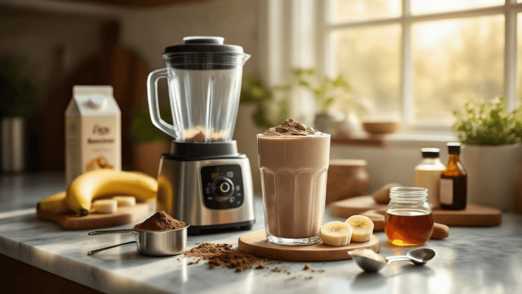Mocha Protein Shake Recipe: Your 5-Minute Coffee-Chocolate Power Breakfast A professional kitchen setting featuring a marble countertop with a high-powered stainless blender surrounded by ingredients for a mocha protein shake, including chocolate protein powder, cocoa powder, frozen banana slices, a glass of dark coffee, almond milk, honey, and vanilla extract, all bathed in warm golden morning light.