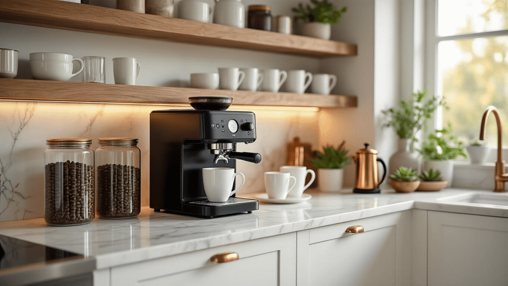 Your Kitchen Needs a Coffee Bar (And Here's Exactly How to Create One) Cinematic wide shot of a modern kitchen coffee bar featuring a black espresso machine, white marble countertop with gold veining, glass canisters of coffee beans, white porcelain mugs, warm LED lighting, and a small succulent, illuminated by golden morning sunlight.