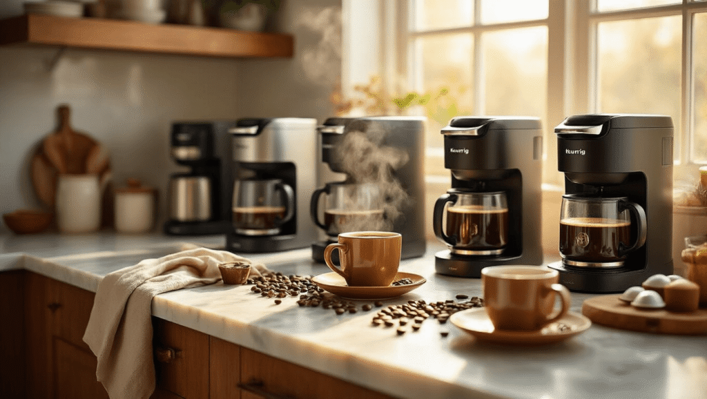 The Best K-Cup Coffee Makers That Won't Let You Down (I've Done the Research) A modern kitchen countertop bathed in warm morning light, showcasing multiple sleek coffee makers, steaming ceramic mugs, scattered coffee beans and K-Cup pods, a marble surface with subtle veining, soft linen towels, and copper accents, creating a cozy and inviting atmosphere.