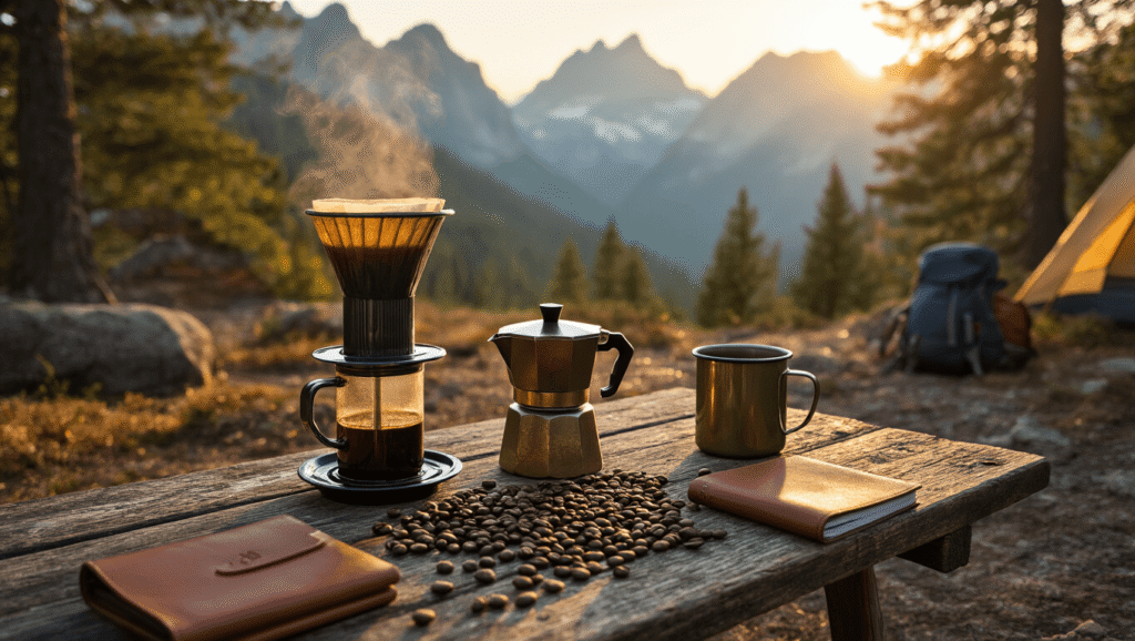 The Only Camping Coffee Maker Guide You'll Actually Need (Tested by Someone Who Can't Function Without Caffeine) A cozy mountain campsite during golden hour featuring an AeroPress Go and Bialetti Moka pot on a wooden table, surrounded by coffee beans, an enamel mug of espresso, and a leather journal, with soft morning light filtering through pine trees and illuminating granite peaks.