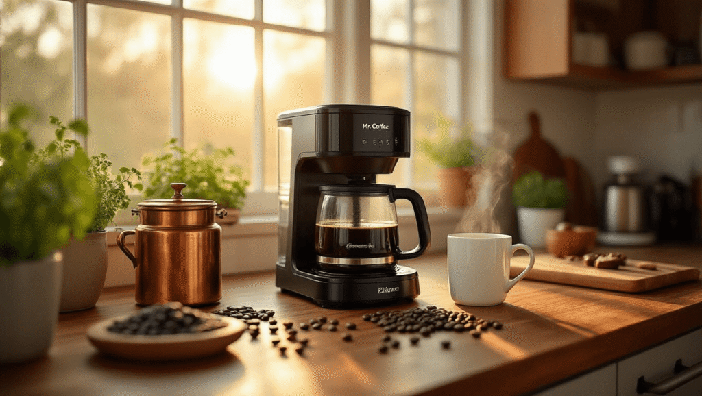 Mr. Coffee Coffee Maker: Everything You Need to Know Before You Buy A warm kitchen scene featuring a sleek Mr. Coffee coffee maker on walnut countertops, with golden hour sunlight, scattered coffee beans, a vintage grinder, and a steaming mug.