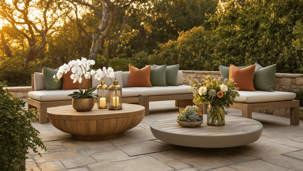 Ultimate Guide to Outdoor Coffee Tables: Style Meets Functionality Elegant outdoor patio at golden hour featuring three coffee table vignettes with teak, aluminum, and polywood materials, warm lighting, and rich earth-tone palette, surrounded by lush greenery and inviting decor.