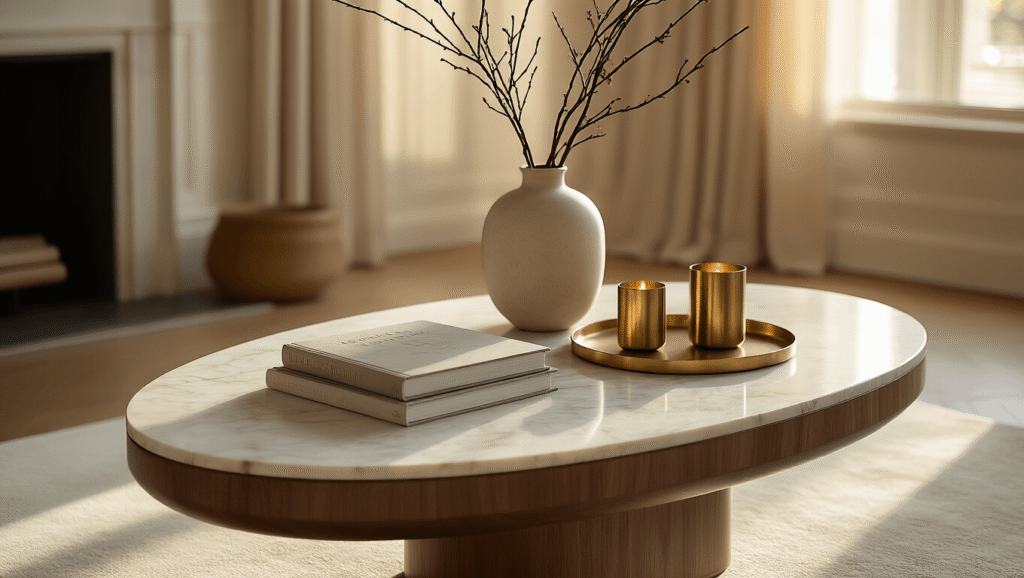 Oval Coffee Tables: The Perfect Blend of Style and Safety for Your Living Room Elegant walnut oval coffee table with marble accents, styled with art books, a ceramic vase with dried branches, brass candleholders, and a decorative tray, captured in warm golden hour lighting, showcasing rich textures and a sophisticated living room atmosphere.