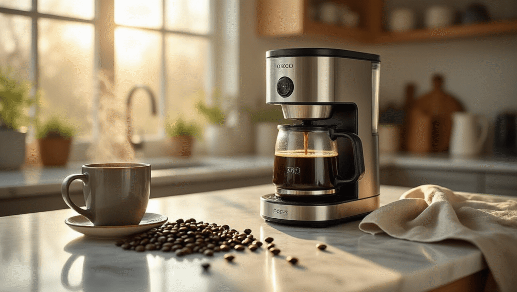 The OXO 8 Cup Coffee Maker Stole My Morning Routine (And I'm Not Mad About It) Cinematic close-up of a stainless steel OXO Brew coffee maker on a marble countertop, with steam rising from a thermal carafe, dark roasted coffee beans scattered around, and soft morning light casting shadows, highlighting a ceramic mug of coffee and a casually draped linen towel.