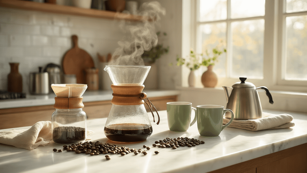 The Ultimate Guide to No Plastic Coffee Makers: Brewing Pure, Chemical-Free Coffee at Home Elegant plastic-free coffee brewing station featuring a glass French press, Chemex, and stainless steel kettle on a marble countertop, with warm morning light and rich earth tones.
