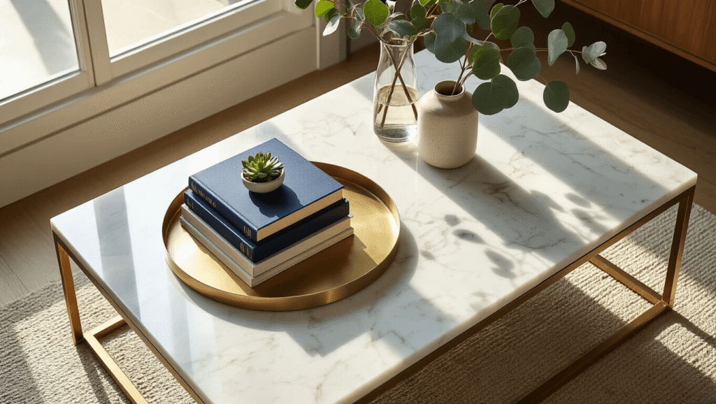 How to Style a Rectangular Coffee Table Like a Design Pro Cinematic overhead view of an elegant rectangular marble coffee table divided into three zones, featuring a brass tray with navy art books and a succulent on the left, a tall glass vase with eucalyptus on the right, and an open center, illuminated by soft afternoon light.