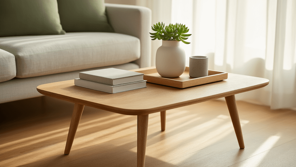 The Simple Coffee Table That'll Transform Your Living Room (Without Trying Too Hard) Cinematic shot of a Scandinavian oak coffee table with succulent tray, golden hour light, and a light gray sofa in a serene minimalist setting.