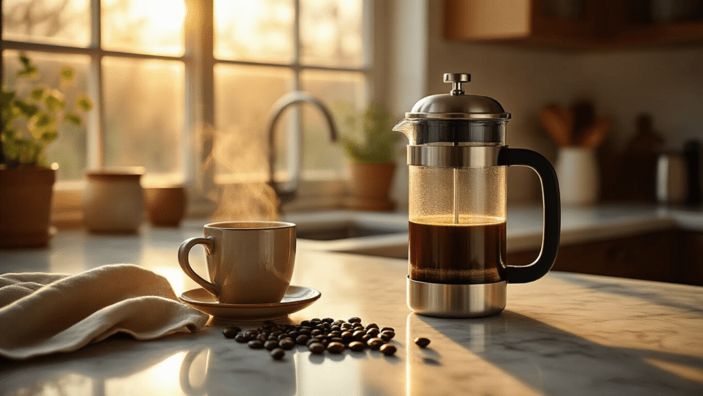 The French Press That'll Actually Keep Your Coffee Hot (And Taste Amazing) A stainless steel Secura French press sits on a polished marble counter, bathed in warm golden hour sunlight, surrounded by dark roasted coffee beans and a steaming ceramic mug, evoking a cozy minimalist kitchen aesthetic.
