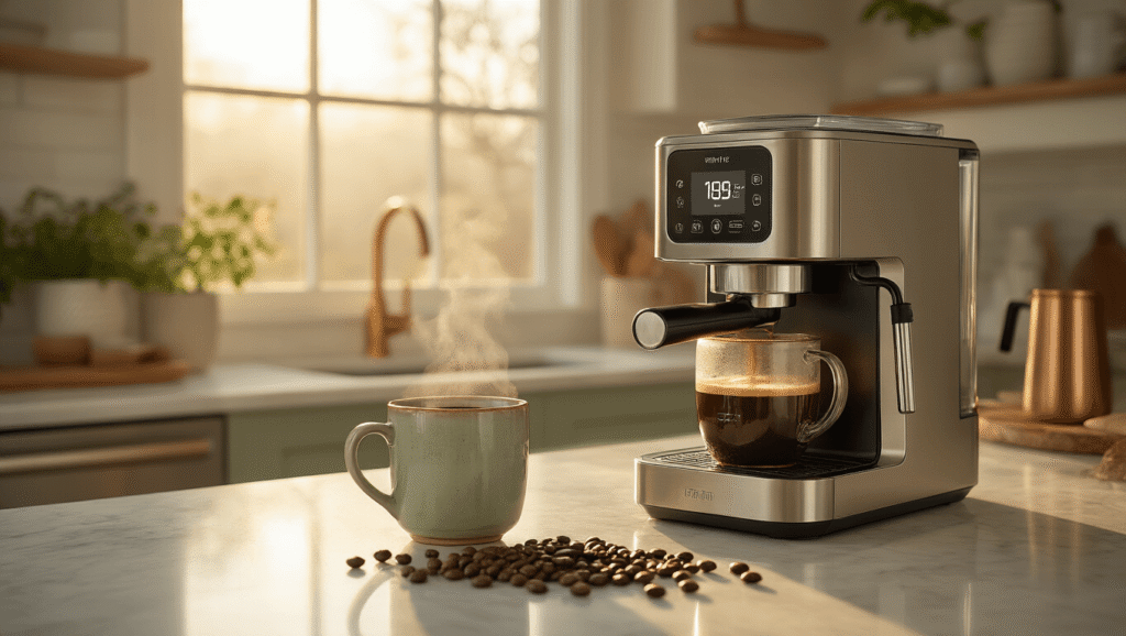 Why Your Morning Coffee Routine Is About to Get a Serious Upgrade Cinematic overhead view of a sleek smart coffee maker on a marble countertop, with golden hour sunlight illuminating a steaming cup of espresso, artisan coffee beans, and a smartphone brewing app, surrounded by brushed copper items and a cozy, minimalist kitchen ambiance.