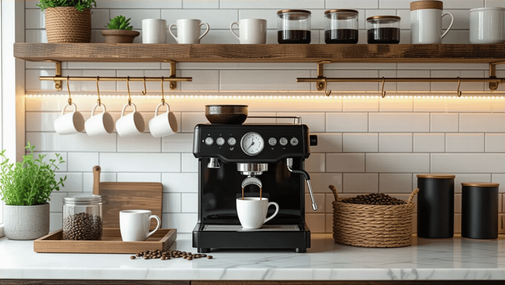 Coffee Bar Ideas That'll Make Your Morning Routine Actually Enjoyable A cozy coffee bar setup featuring weathered driftwood shelves, a sleek black espresso machine, cream ceramic mugs, coffee accessories on a wooden tray, and a marble countertop with gold accents, illuminated by warm morning light and ambient LED strips, with steam rising from a freshly brewed cup and scattered coffee beans.