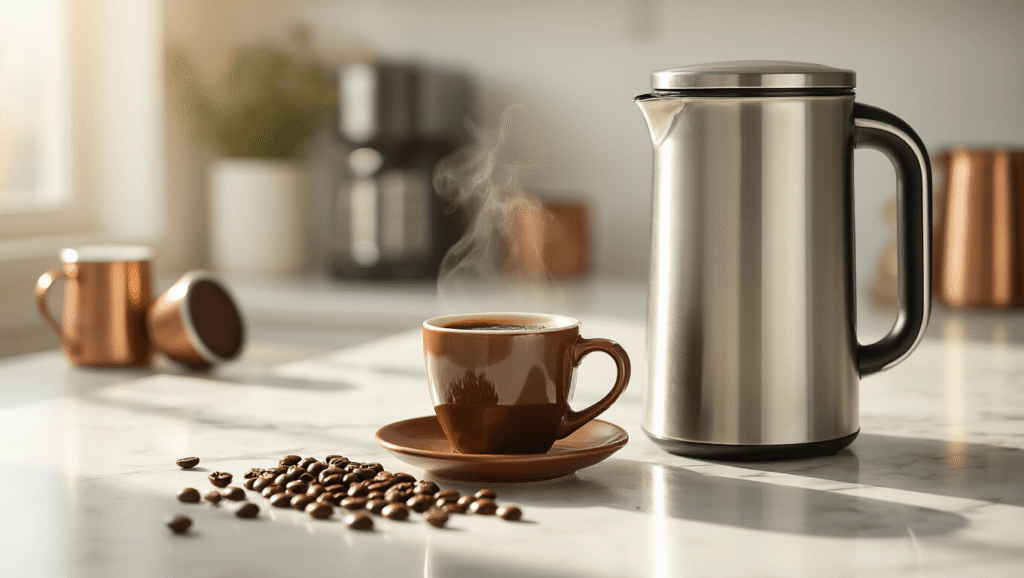 One Cup Coffee Makers: Everything You Need to Know Before Buying A sleek stainless steel one-cup coffee maker sits on a white marble countertop, with steam rising from a dark espresso in a ceramic mug, surrounded by whole coffee beans and a reusable filter, illuminated by warm morning light.