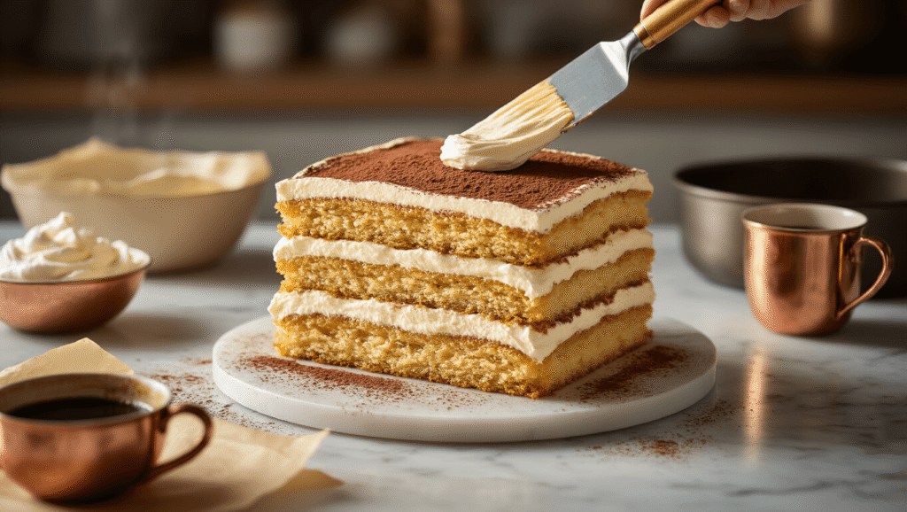 Tiramisu Cake Recipe: The Layered Italian Masterpiece You Can Actually Make at Home Cinematic close-up of tiramisu cake assembly on a marble countertop, showcasing golden sponge layers soaked in espresso, billowy mascarpone cream being spread, warm honey lighting, scattered cocoa powder, and a vintage coffee cup with dark espresso, emphasizing inviting textures and an Italian kitchen aesthetic.