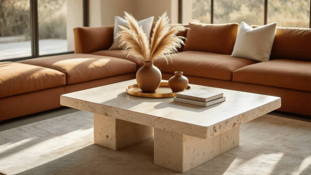 Travertine Coffee Tables: Everything You Need to Know Before You Buy Elegant travertine coffee table in warm cream tones on a plush area rug, surrounded by a terracotta linen sectional with ivory cushions, highlighted by golden hour sunlight and brass decorative accents.