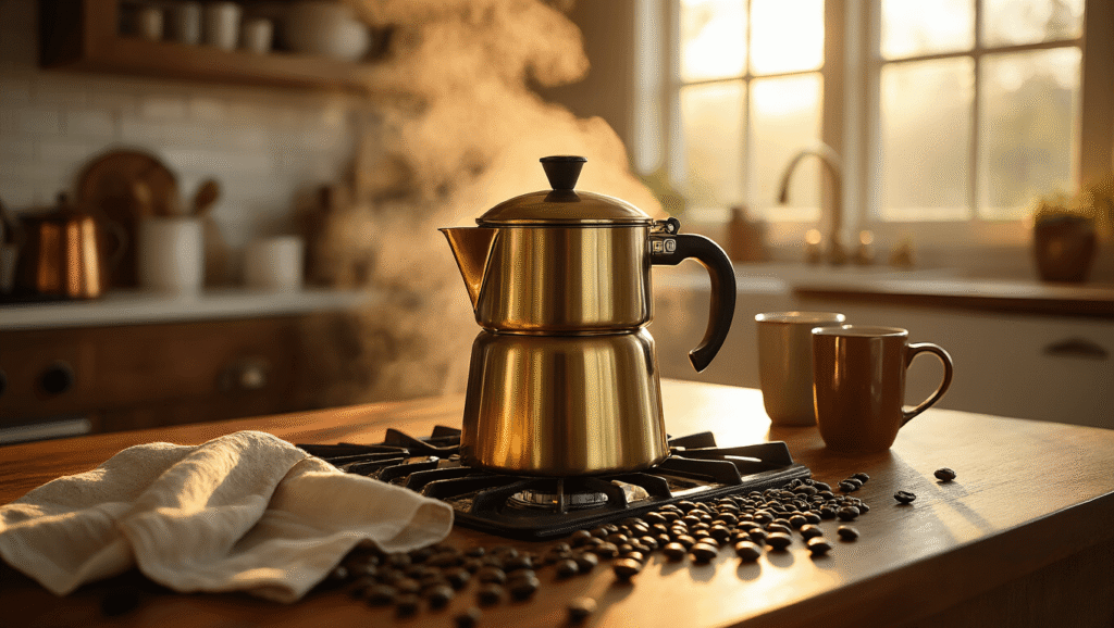 The Farberware Coffee Maker Guide: Everything You Need to Know Before You Buy Cinematic scene of a vintage Farberware stainless steel stovetop percolator on a gas range, surrounded by dark roasted coffee beans, with warm amber sunlight streaming through windows, creating dramatic shadows and a cozy atmosphere.