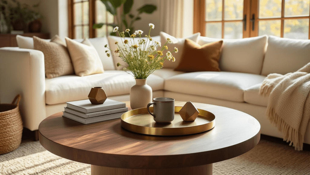 Coffee Table Aesthetic: How I Learned to Make This One Piece Transform My Entire Living Room Cozy living room featuring a round walnut coffee table styled with a brass tray, ceramic mug, design books, a geometric sculpture, and wildflowers, surrounded by a cream sectional sofa and illuminated by golden morning sunlight.