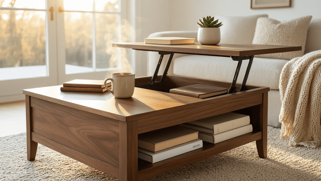 Coffee Tables With Storage: The Living Room Hero You Didn't Know You Needed Luxurious walnut lift-top coffee table in Scandinavian living room with golden hour sunlight, partially raised top revealing organized storage, leather-bound books, cozy knitted throw, and potted succulent, creating an inviting and functional atmosphere.
