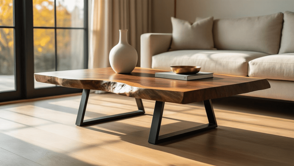 Live Edge Coffee Tables: Everything You Need to Create That Raw, Natural Vibe in Your Living Room Cinematic shot of a walnut live edge coffee table with metal sled legs, highlighted by golden hour sunlight, featuring a minimalist decor setup against a neutral sofa backdrop.