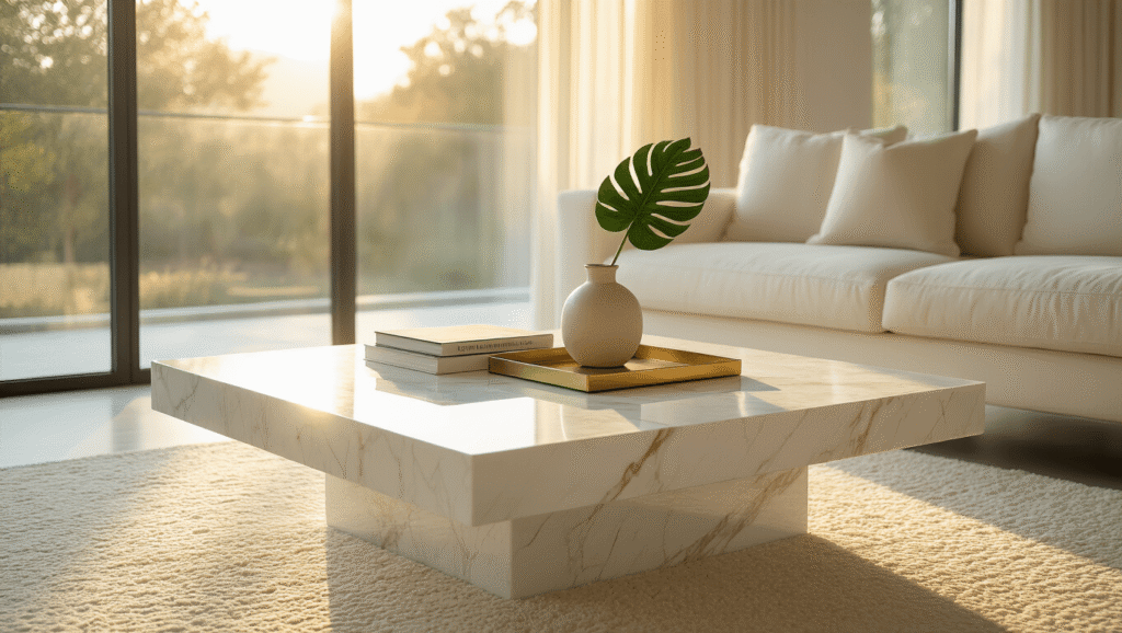 How to Choose the Perfect White Coffee Table That Actually Works in Your Space Cinematic wide shot of a stylish white marble coffee table in a bright modern living room, adorned with art books and a monstera leaf, bathed in warm golden hour sunlight with a clean minimalist aesthetic.