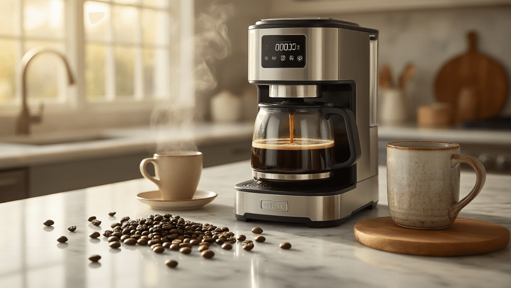 The Wolf Coffee Maker: Everything You Need to Know Before Spending $600 Cinematic close-up of a luxurious Wolf Gourmet coffee maker with a thermal carafe, artisan coffee beans, and a handcrafted ceramic mug on a marble countertop, bathed in warm morning light.