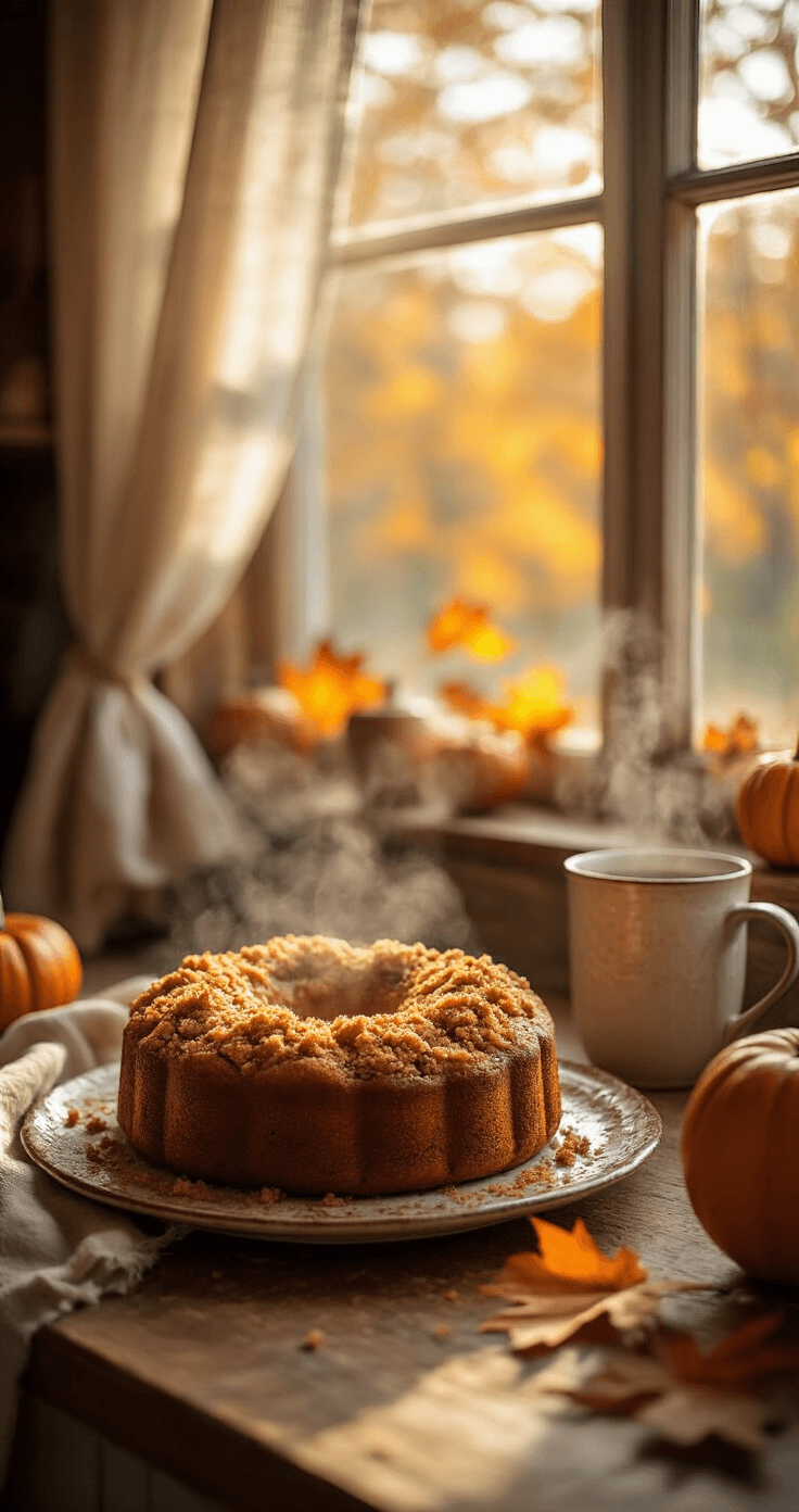 Pumpkin Coffee Cake: The Ultimate Fall Breakfast That Actually Lives Up to the Hype Warm autumn kitchen with pumpkin coffee cake on a rustic countertop, sunlight streaming through curtains, steam rising from a coffee mug, and colorful autumn leaves visible outside.