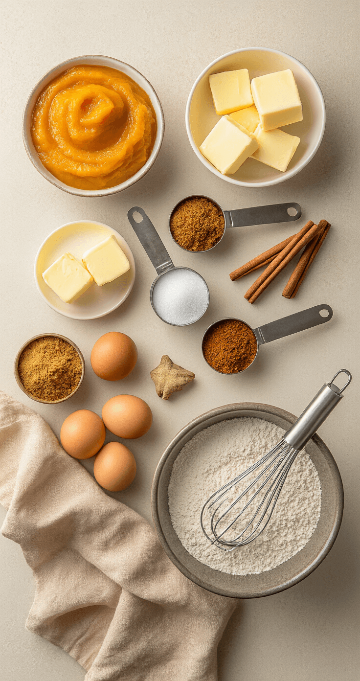 Pumpkin Coffee Cake: The Ultimate Fall Breakfast That Actually Lives Up to the Hype Overhead view of artfully arranged baking ingredients including pure pumpkin puree, butter, measuring cups of brown and white sugar, eggs, and spices on neutral kitchen linens, illuminated by soft natural light.